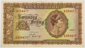 Numismática, LUXEMBOURG. Uma Cédula 20 Francs 1943