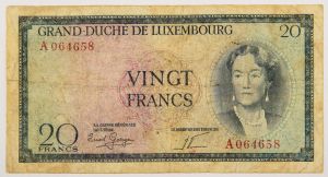 Numismática, LUXEMBOURG. Uma Cédula 20 Francs
