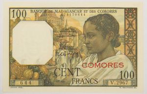 Numismática, COMORES. Uma Cédula 100 Francs Flor de Estampa