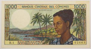 Numismática, COMORES. Uma Cédula 1000 Francs Flor de Estampa