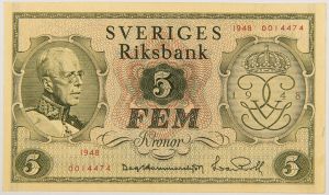 Numismática, SWEDEN. Uma Cédula 5 Kroner 1948 Flor de Estampa