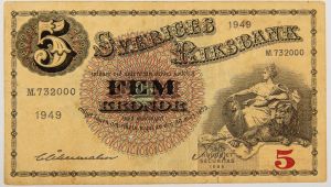 Numismática, SWEDEN. Uma Cédula 5 Kroner 1949