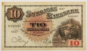 Numismática, SWEDEN. Uma Cédula 10 Kroner 1937