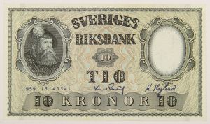 Numismática, SWEDEN. Uma Cédula 10 Kroner 1959