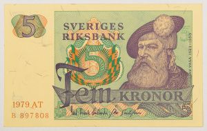 Numismática, SWEDEN. Uma Cédula 5 Kroner 1979