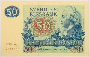 Numismática, SWEDEN. Uma Cédula 50 Kroner 1974
