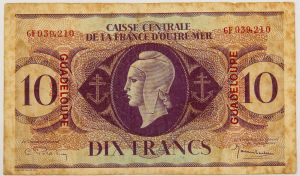 Numismática, GUADELOUPE. Uma Cédula 10 Francs 1944