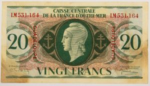 Numismática, GUADELOUPE. Uma Cédula 20 Francs 1944