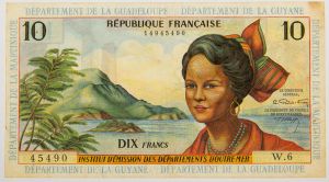 Numismática, GUADELOUPE. Uma Cédula 10 Francs