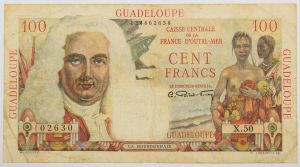 Numismática, GUADELOUPE. Uma Cédula P-35 100 Francs 1947