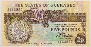 Numismática, GUERNSEY. Uma Cédula 5 Pounds Flor de Estampa