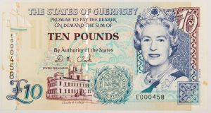 Numismática, GUERNSEY. Uma Cédula P-37 10 Pounds 1995 Flor de Estampa
