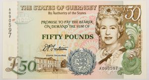 Numismática, GUERNSEY. Uma Cédula P-59 50 Pounds 1996 Flor de Estampa