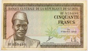 Numismática, GUINÉE. Uma Cédula P-12 50 Francs 1960