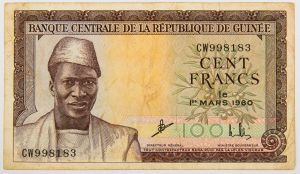 Numismática, GUINÉE. Uma Cédula P-13 100 Francs 1960