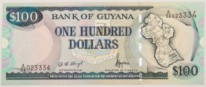 Numismática, GUYANA. Uma Cédula P-31 100 Dollars 1999 Flor de Estampa