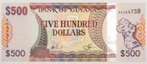 Numismática, GUYANA. Uma Cédula P-37 500 Dollars 2019 Flor de Estampa