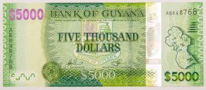 Numismática, GUYANA. Uma Cédula P-40 5000 Dollars 2019 Flor de Estampa