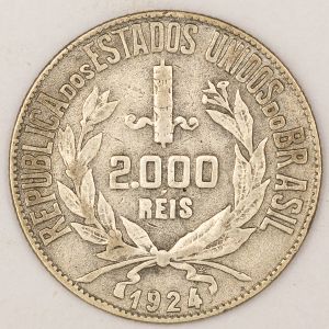 Numismática, BRASIL. Uma Moeda Prata 2000 Réis 1924