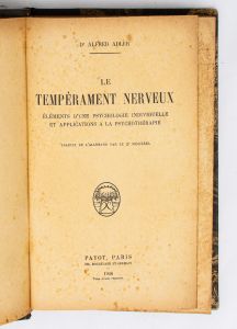 Livro: ADLER, Dr. Alfred. `Le Tempérament Nerveux`, Eléments d`une psychologie individuelle et applications a la psychothérapie. Traduit de l`allemand par le Dr. Roussel, 1ª edição. Paris: Payot, 1926; 366p. Enc.