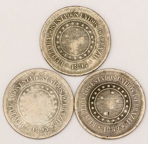 Numismática, Brasil. Lote com 3 moedas, sendo 100 RÉIS 1889, 100 RÉIS 1893, 100 RÉIS 1894