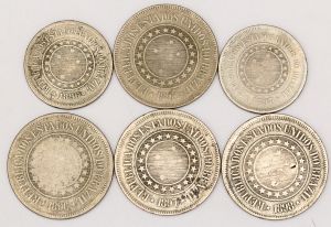 Numismática, Brasil. Lote com 6 moedas, sendo 200 RÉIS 1895, 100 RÉIS 1896, 200 RÉIS 1896, 100 RÉIS 1897, 200 RÉIS 1897, 200 RÉIS 1898