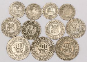 Numismática, Brasil. Lote com 11 moedas, sendo 100 RÉIS 1918, 200 RÉIS 1918, 100 RÉIS 1919, 200 RÉIS 1919, 400 RÉIS 1919, 100 RÉIS 1920, 200 RÉIS 1920, 400 RÉIS 1920, 100 RÉIS 1921, 200 RÉIS 1921, 400 RÉIS 1921