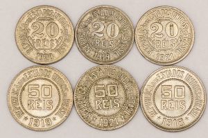 Numismática, Brasil. Lote com 6 moedas, sendo 50 RÉIS 1918, 20 RÉIS 1919, 50 RÉIS 1919, 20 RÉIS 1920, 20 RÉIS 1921, 50 RÉIS 1921