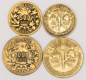 Numismática, Brasil. Lote com 4 moedas, sendo 1000 RÉIS 1922, 500 RÉIS 1922, 1000 RÉIS 1924, 500 RÉIS 1924