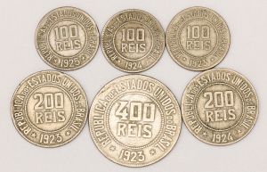 Numismática, Brasil. Lote com 6 moedas, sendo 100 RÉIS 1923, 200 RÉIS 1923, 400 RÉIS 1923, 100 RÉIS 1924, 200 RÉIS 1924, 100 RÉIS 1925