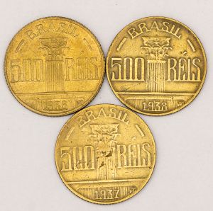 Numismática, Brasil. Lote com 3 moedas, sendo 500 RÉIS (REGENTE FEIJÓ) 1936, 500 RÉIS (REGENTE FEIJÓ) 1937, 500 RÉIS (REGENTE FEIJÓ) 1938