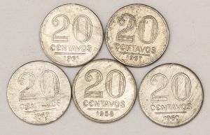 Numismática, Brasil. Lote com 5 moedas, sendo 20 CENTAVOS - ALUMÍNIO 1957, 20 CENTAVOS - ALUMÍNIO 1958, 20 CENTAVOS - ALUMÍNIO 1959, 20 CENTAVOS - ALUMÍNIO 1960, 20 CENTAVOS - ALUMÍNIO 1961
