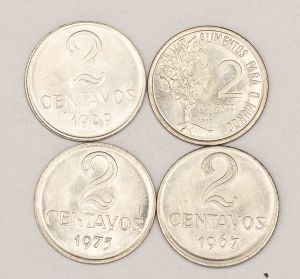 Numismática, Brasil. Lote com 4 moedas, sendo 2 CENTAVOS 1967, 2 CENTAVOS 1969, 2 CENTAVOS 1975, 2 CENTAVOS 1975