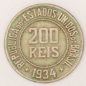 Numismática, Brasil. Moeda de 200 Reis República Ano 1934 - 25mm V. 106 - Oportunidade