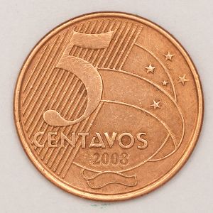 Numismática, Brasil. Moeda de 5 Centavos Ano 2008 com a letra A de `Centavos` fechada - Tiragem 28.672.000 - Escassa V. 474