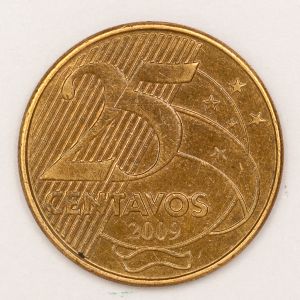 Numismática, Brasil. Moeda de 25 Centavos Ano 2009 Reverso Inclinado a Direita Oportunidade V. 511