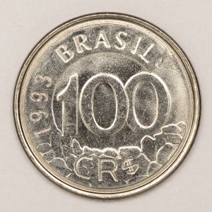 Numismática, Brasil. Moeda de 100 Cruzeiros Reais Ano 1993 Lobo Guará V. 436 FC (Flor de Cunho)
