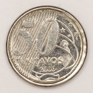 Numismática, Brasil. Moeda de 50 Centavos Ano 2006 com Colarinho - Tiragem 39.984.000 V. 524