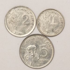 Numismática, Brasil. Série com 3 Moedas de 1, 2 e 5 Centavos Ano 1975 (FAO) Alimentos para o Mundo - Já Escassas