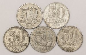 Numismática, Brasil. Série completa com 5 moedas de 50 centavos. Anos 1957, 1958, 1959, 1960 e 1961. Armas da República.