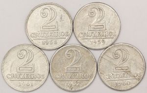 Numismática, Brasil. Série completa com 5 moedas de 2 cruzeiros. Anos 1957, 1958, 1959, 1960 e 1961. Armas da República.