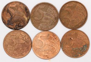 Numismática, Brasil. Lote com 6 moedas de 5 centavos sendo 5 com lindas sobras de metal sem repetição de data incluso o raro 5 centavos de 2008 v.474.