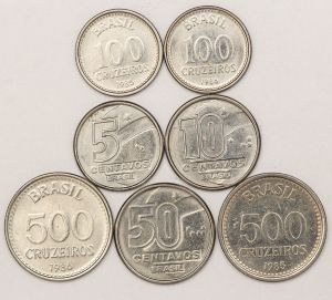Numismática, Brasil. Lote com 7 moedas de cruzeiro novo 5, 10 e 50 centavos 1989, 100 e 500 cruzeiros 1985 e 1986 escassas.