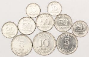 Numismática, Brasil. Lote com 10 moedas de 10-20 e 50 centavos de cruzado anos 1986, 1987, 1988 além de 5 cruzados 1987 e 1988 e 10 cruzados 1988.