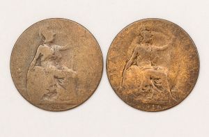 Numismática, Inglaterra. Half Penny. Anos 1914 e 1916. Rei Jorge V. Bronze 25mm. Escassas. 