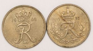 Numismática, Dinamarca. Lote com 2 moedas de 250 ore 1953H e 1962H. Rei Frederico IX, 23mm, KMH 70