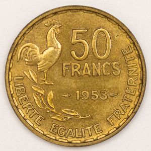 Numismática, França. Moeda de 50 Francos 1953. Bronze, 27mm, Galo de 4 plumas, KM# 100-1.