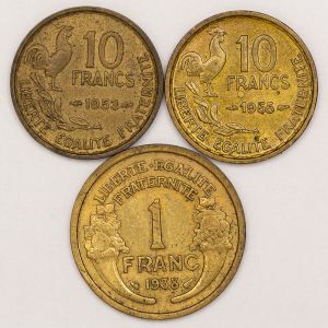 Numismática, França. Lote com 3 moedas sendo: 2 de 10 Francos 1953 e 1955 Galo e 1 de 1 Franco 1938. Bronze 20 e 23mm. KM# 98.1 e KM# 81.