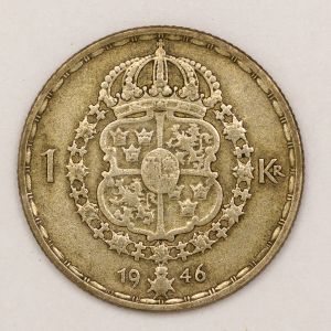 Numismática, Suécia. Moeda de 1 Corona 1946 Prata. Rei Gustaf V. Filho mais velho do Rei Oscar II. Escassa. KMH 814.