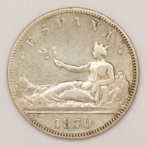 Numismática, Espanha. Moeda de 2 Pesetas ano 1870. Centenária Prata. Governo Provisório. Raríssima. KMH 59.